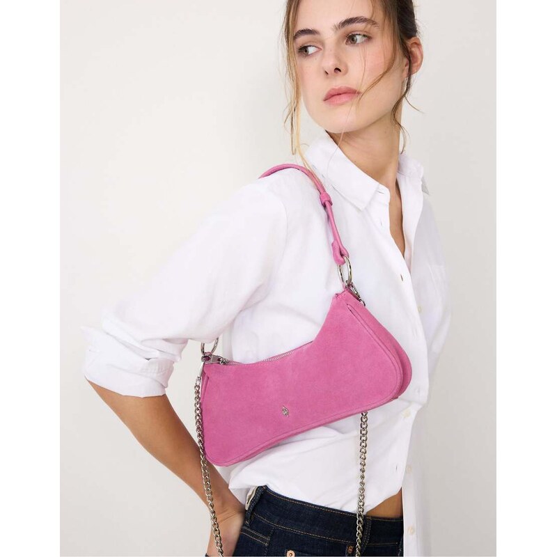 Stradivarius 100% leather moon crossbody bag in fuchsia-Pink 113881830