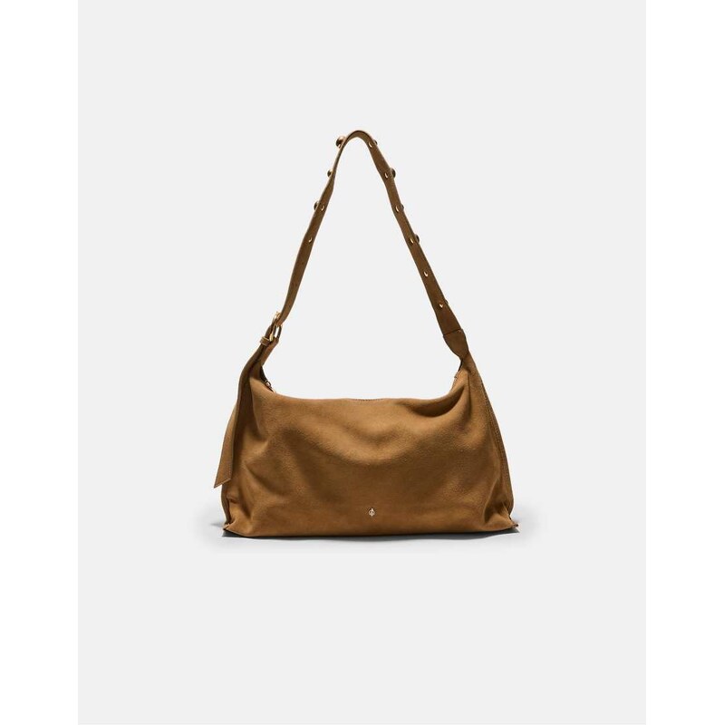 Stradivarius Studded flat shoulder bag, 100% leather in brown 113881831