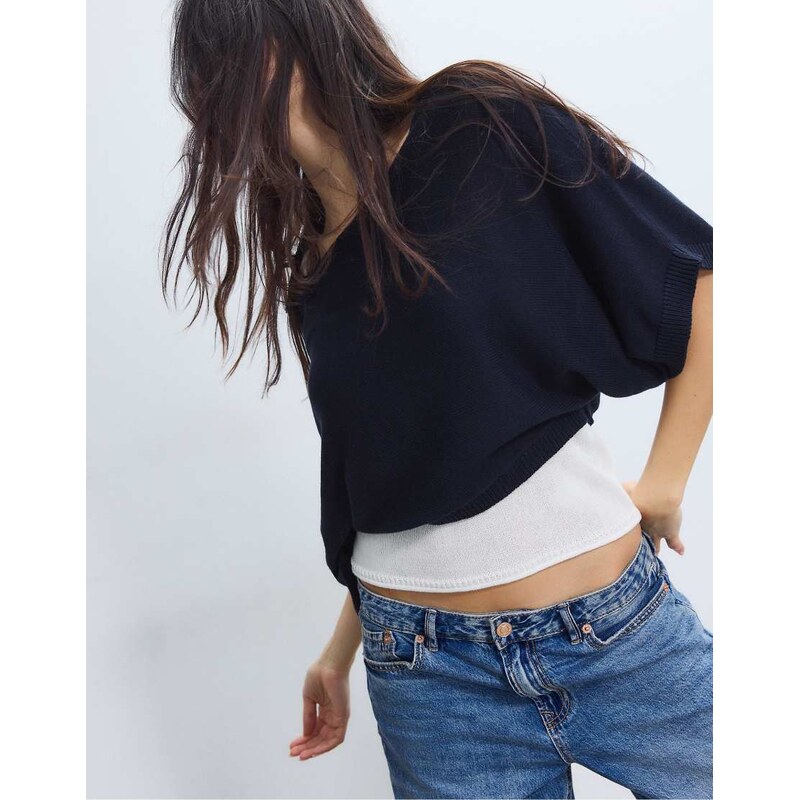 Stradivarius Boat neck knit jumper with overlay in dark blue-Navy 113881836