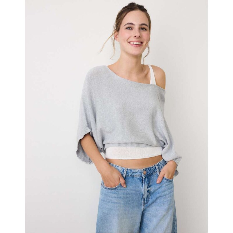 Stradivarius Boat neck knit jumper with overlay in grey melange 113881843