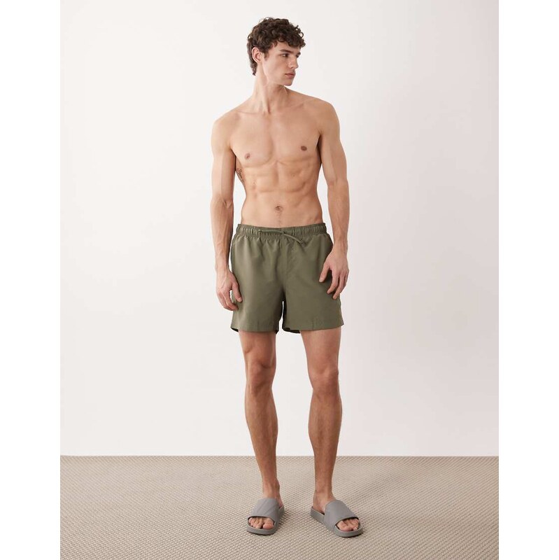Jack & Jones mid length swim shorts in khaki-Green