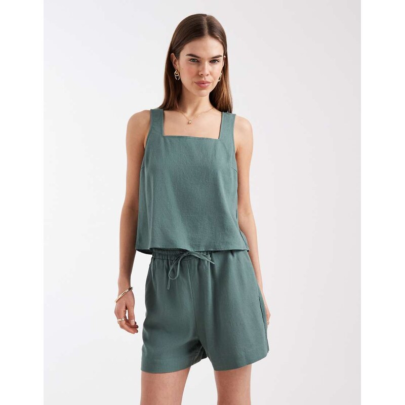 Vero Moda linen touch tie waist papaerbag shorts co-ord in green