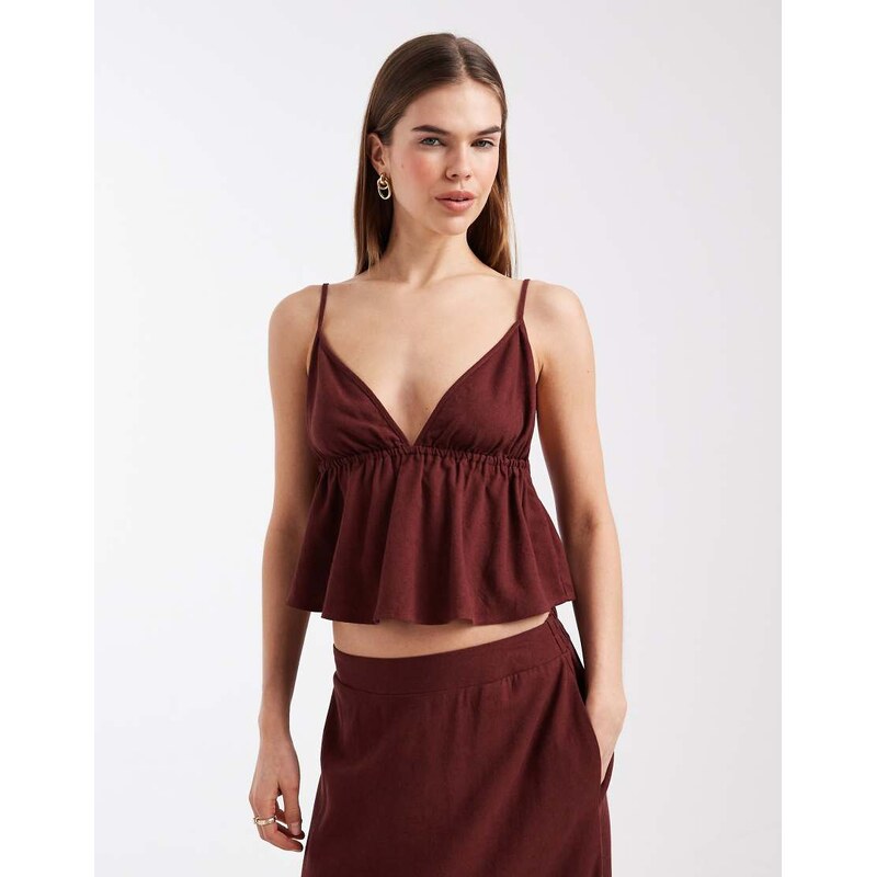 Vero Moda linen touch cami strap top co-ord in burgundy-Red 115521409