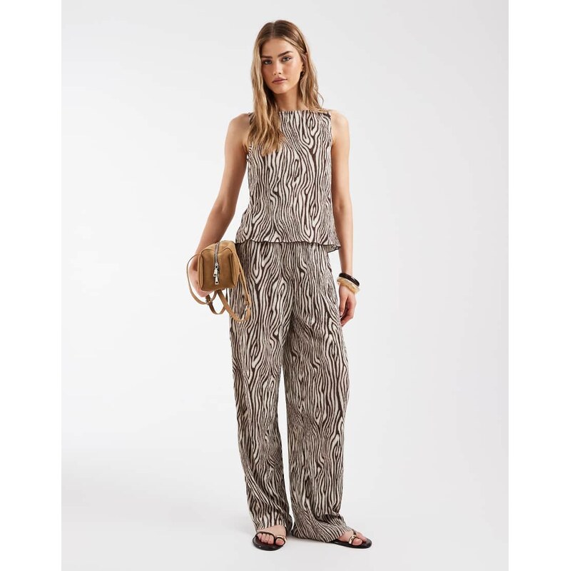 Pieces wide leg plisse trousers co-ord in brown animal print 115521438