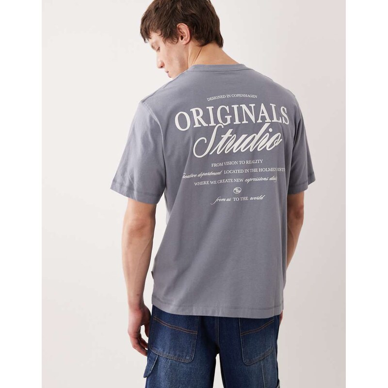 Jack & Jones originals studio backprint t-shirt in washed grey