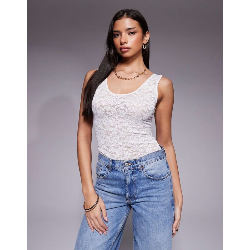 Good American stretch scoop neck tank lace bodysuit in white 113885229