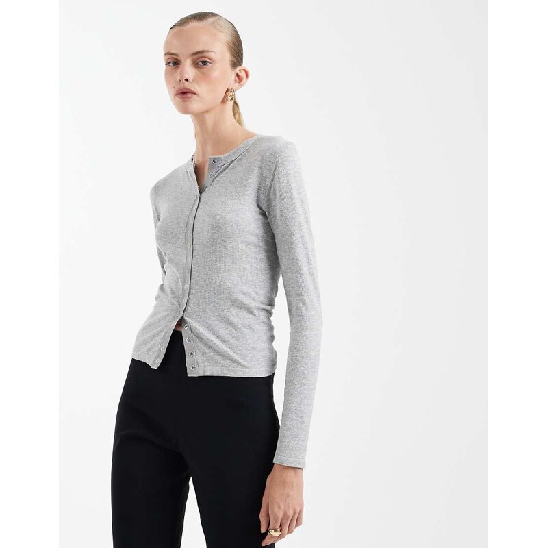 ASOS DESIGN seamless rib popper detail long sleeve top in grey marl