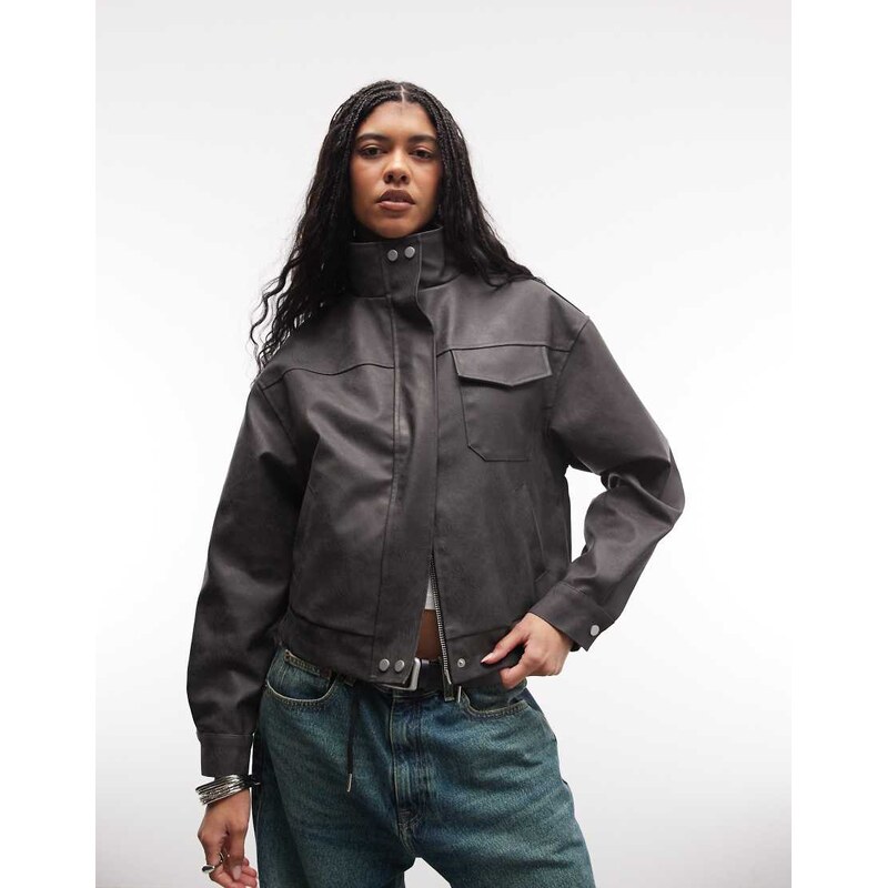 Liquor N Poker boxy textured funnel neck jacket in black