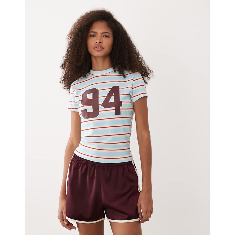 ASOS DESIGN short sleeve baby tee with 94 graphic in stripe