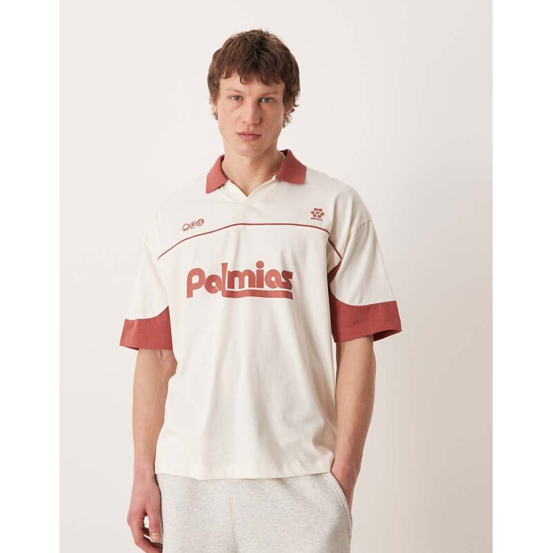 ASOS DESIGN oversized polo with football graphic in off white