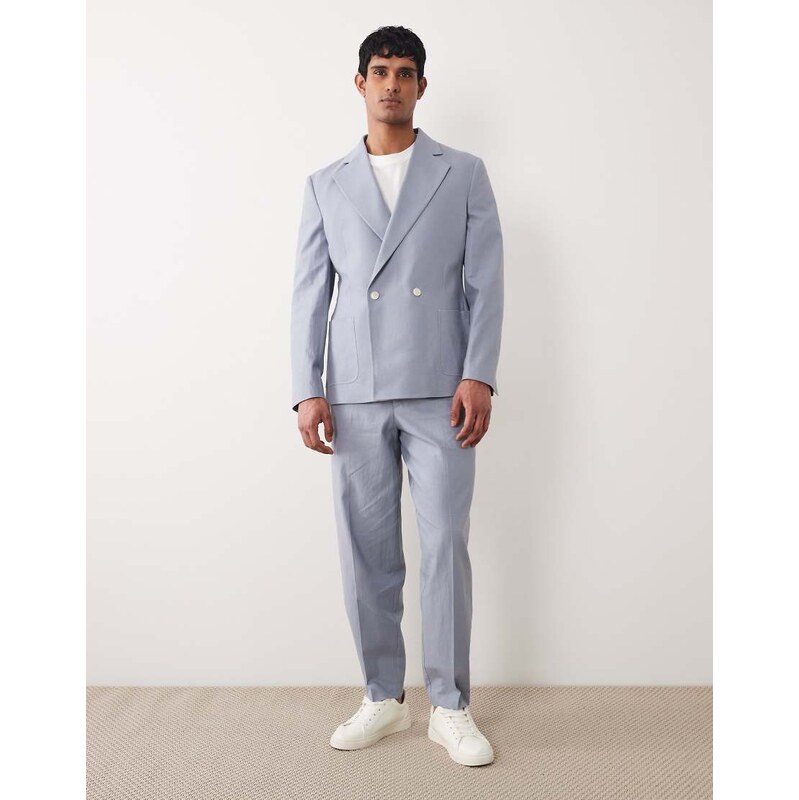 ASOS DESIGN oversized tapered suit trousers in blue with linen