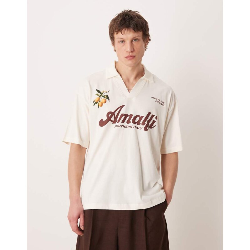 ASOS DESIGN oversized polo with football graphics in off white -
