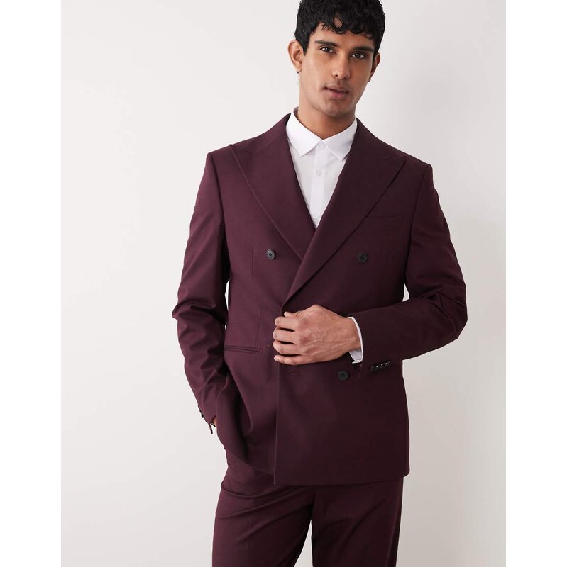ASOS DESIGN regular double breasted suit jacket in burgundy-Red