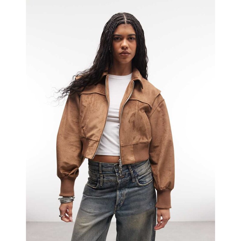 Liquor N Poker boxy faux suede bomber jacket in tan-Brown 114082590