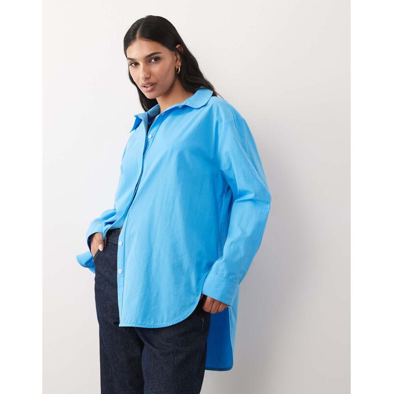 ASOS DESIGN oversized deep cuff curved hem shirt in blue