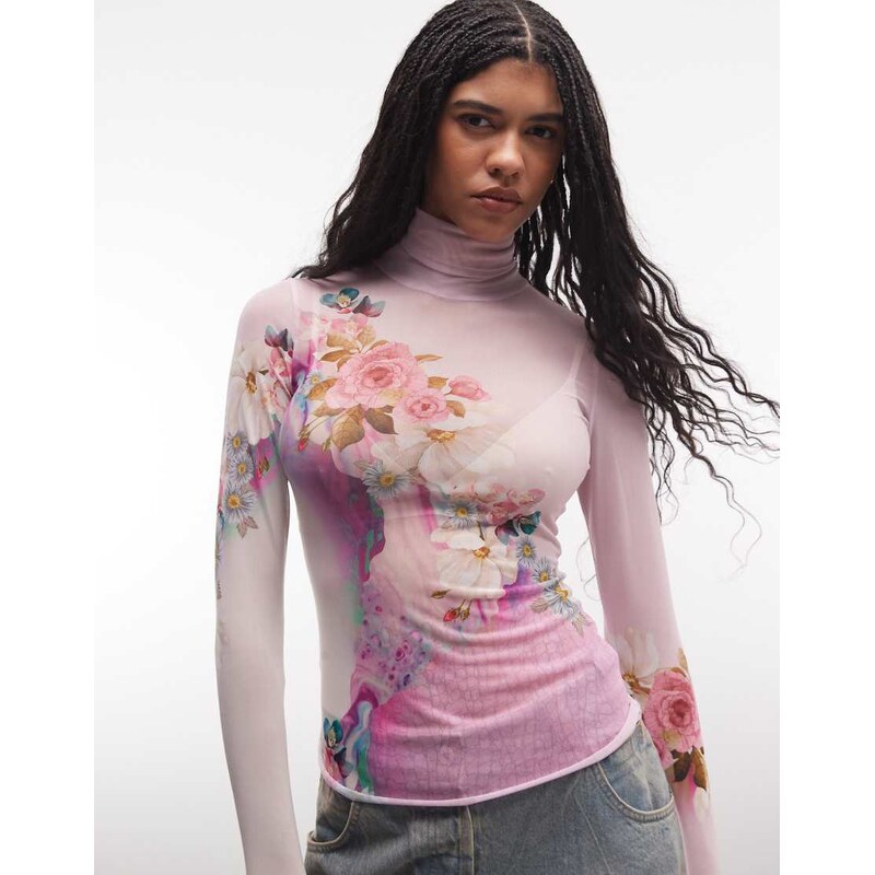 AFRM Zadie long sleeve turtleneck mesh top in pink floral 113518651