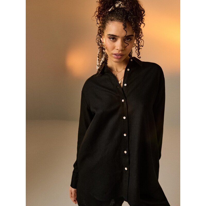 Sinsay - Košile oversized s příměsí lnu - černá 113884449
