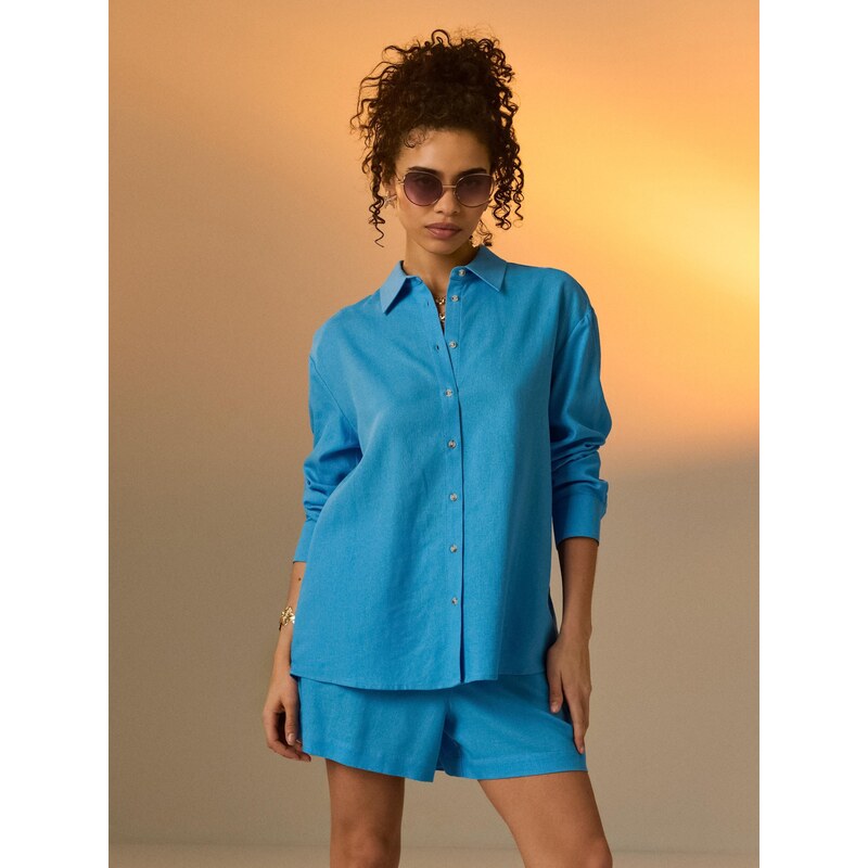 Sinsay - Košile oversized s příměsí lnu - světle modrá 113884448