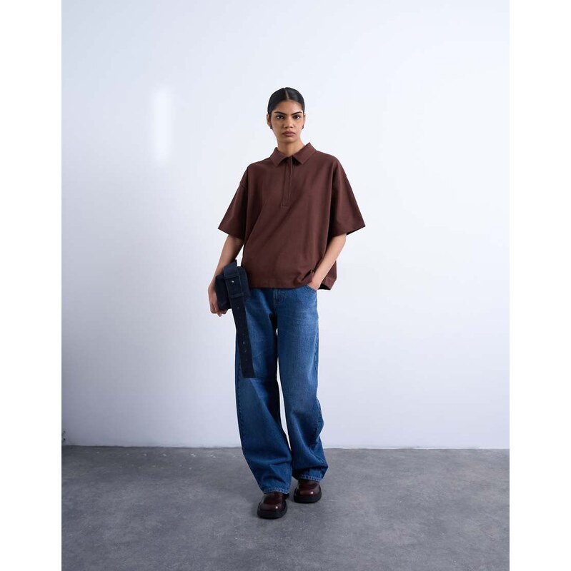Topshop interlock short sleeve polo tee in chocolate brown