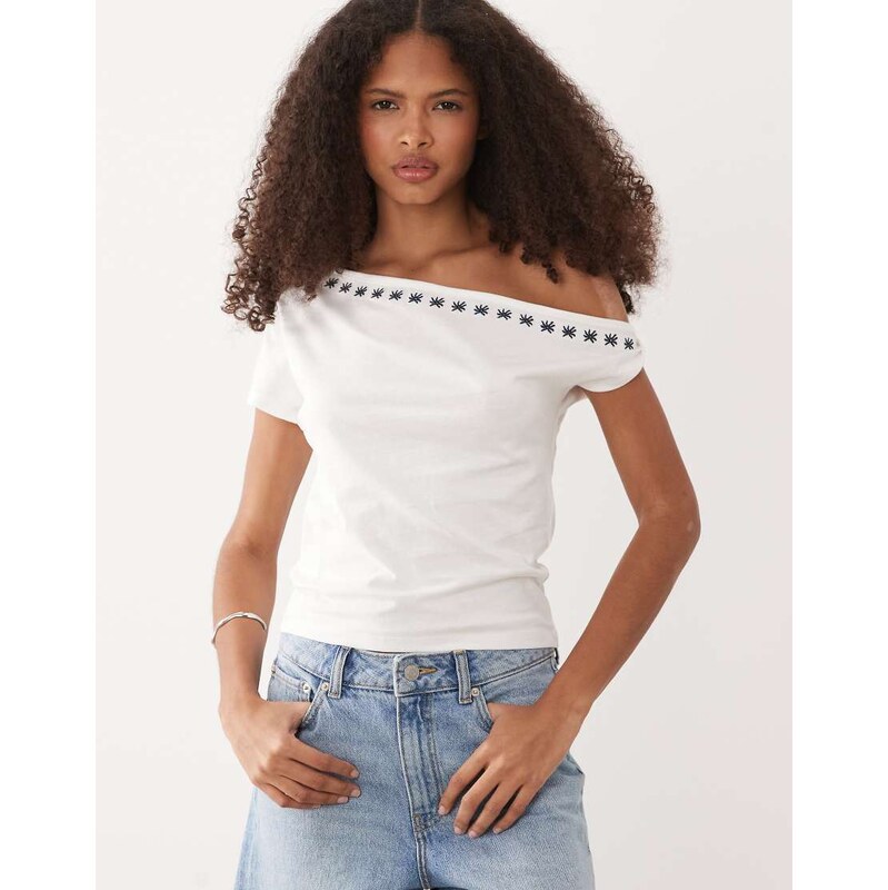 Mango Teen one shoulder top with embroidery in white