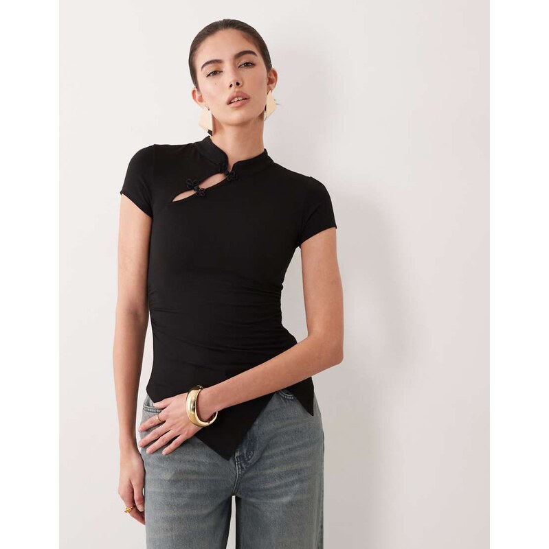 ASOS DESIGN stand collar cap sleeve top in black