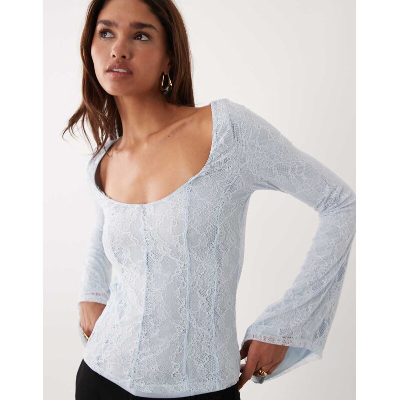 ASOS DESIGN lace angel sleeve top in pale blue 113885331
