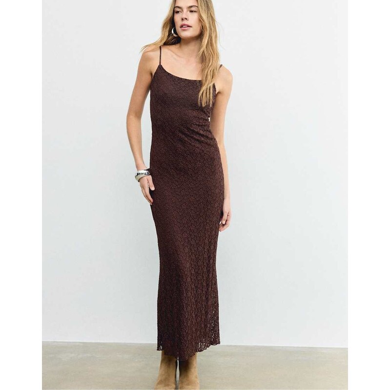 Stradivarius Blonde lace strappy midi dress in brown 113885376