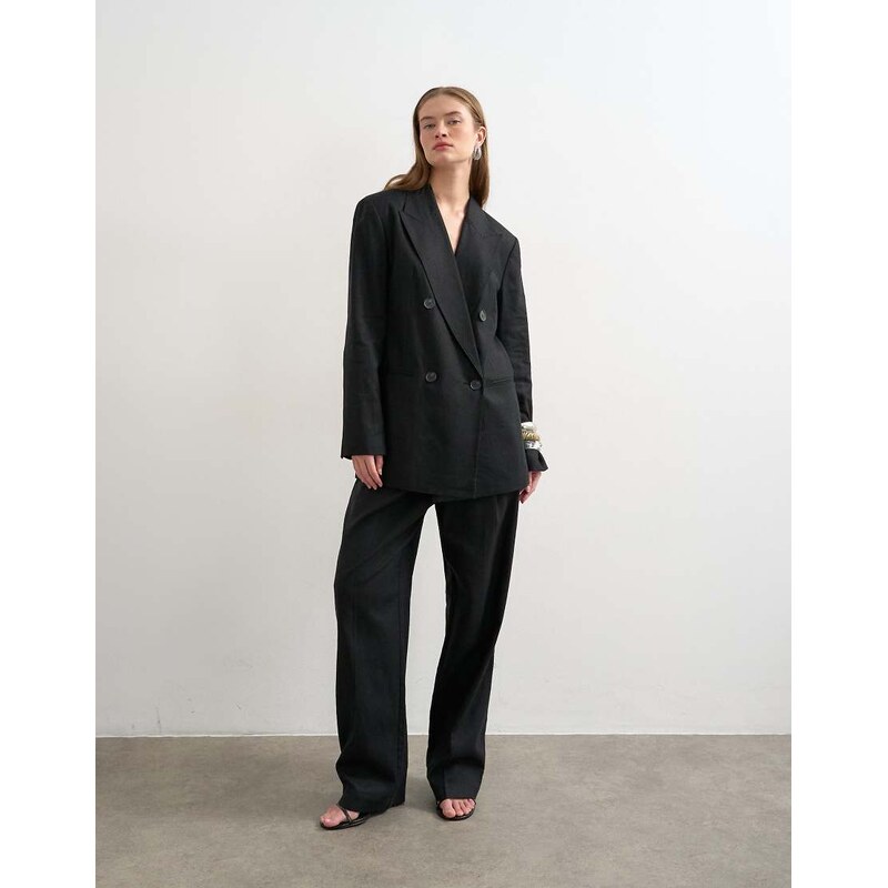 Topshop linen barrel leg trouser in black