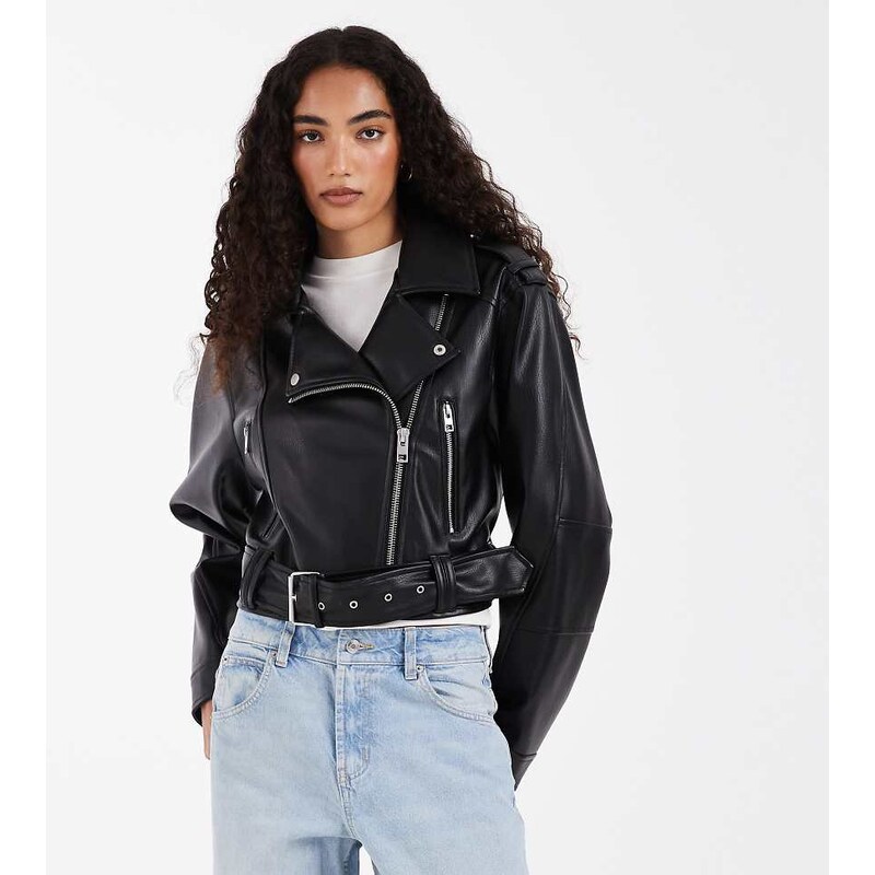 ASOS Tall ASOS DESIGN Tall leather look shrunken biker jacket in black 114088950
