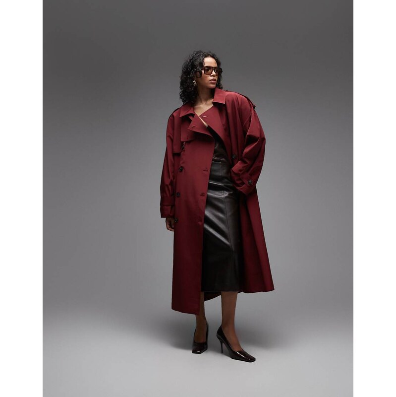 ASOS DESIGN oversized belted maxi trench coat in red 114120976