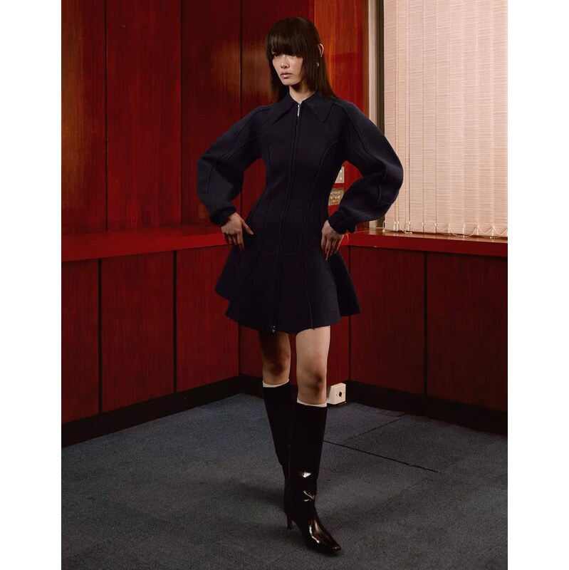 Tolu Coker x Topshop knitted ovoid sleeve structured dress in navy 115589491