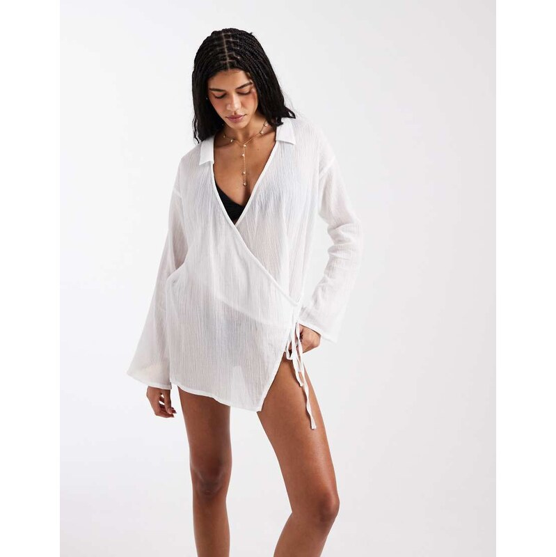 ASOS DESIGN sheer wrap front beach cover up in white-Black