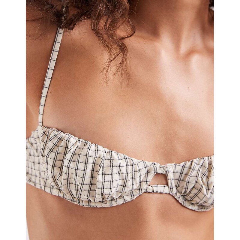ASOS DESIGN Piper Paper touch underwire balcony bikini top in checked print-White