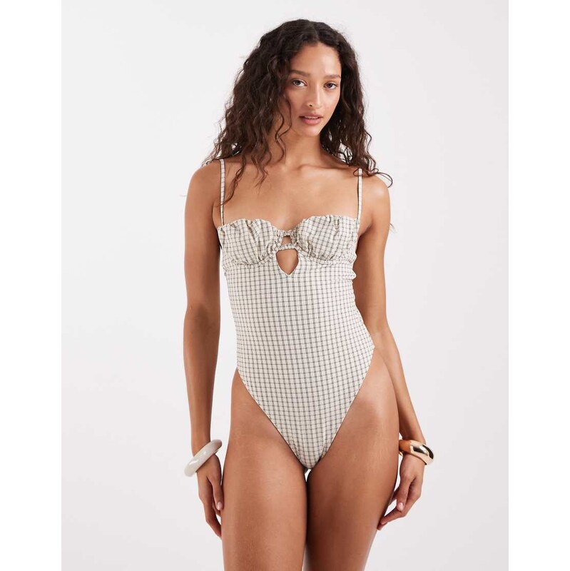 ASOS DESIGN Piper paper touch check ruched balcony swimsuit in checked 115519459