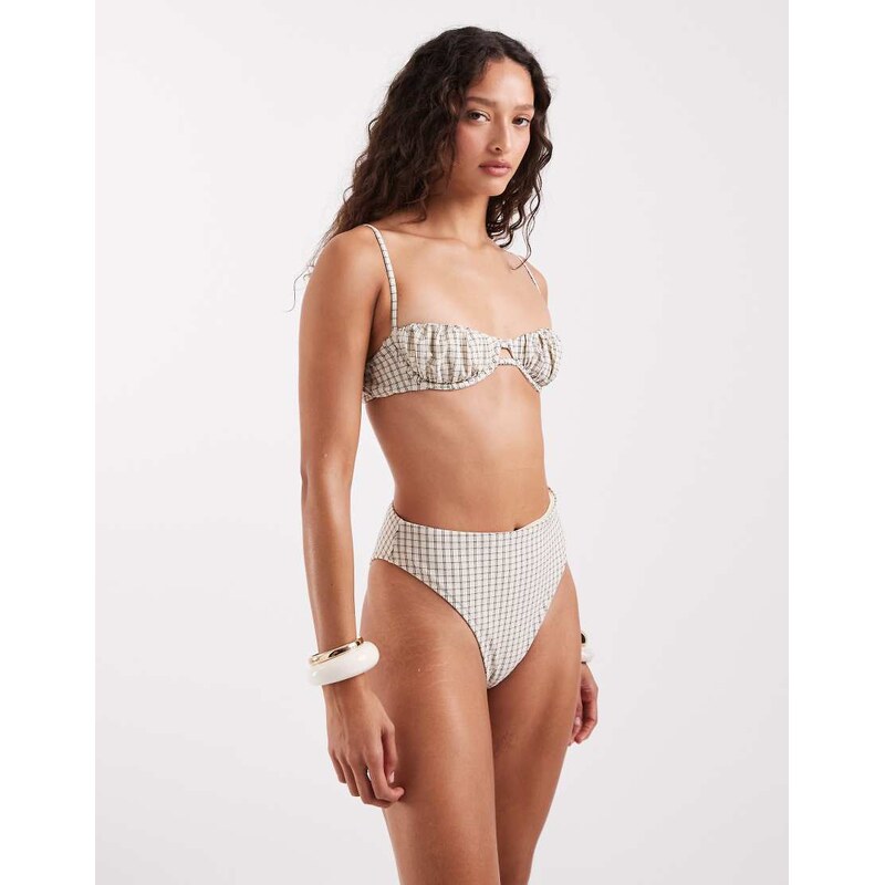 ASOS DESIGN Piper Paper touch underwire balcony bikini top in checked print-White