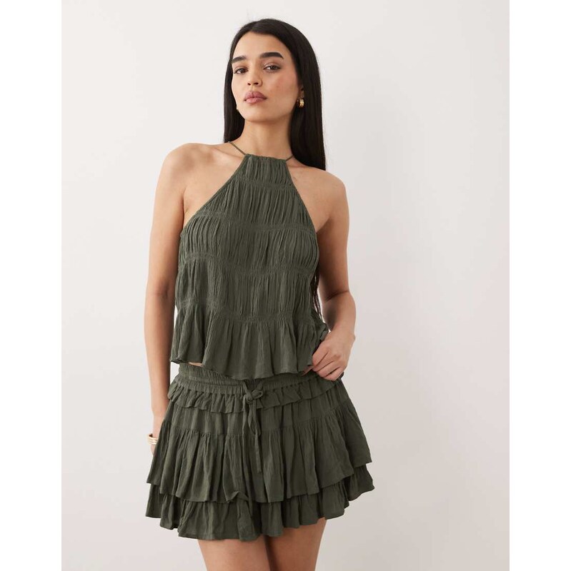 Iisla & Bird ruffle trim top in olive-Green