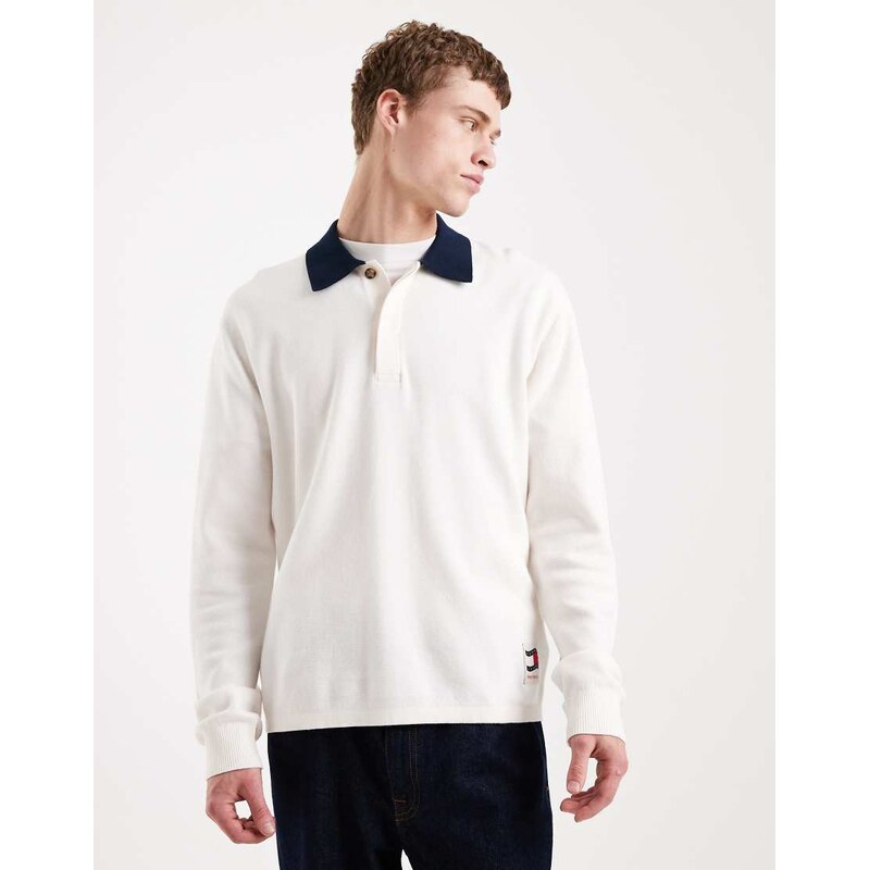 Tommy Jeans waving flag label lightweight knitted rugby shirt in