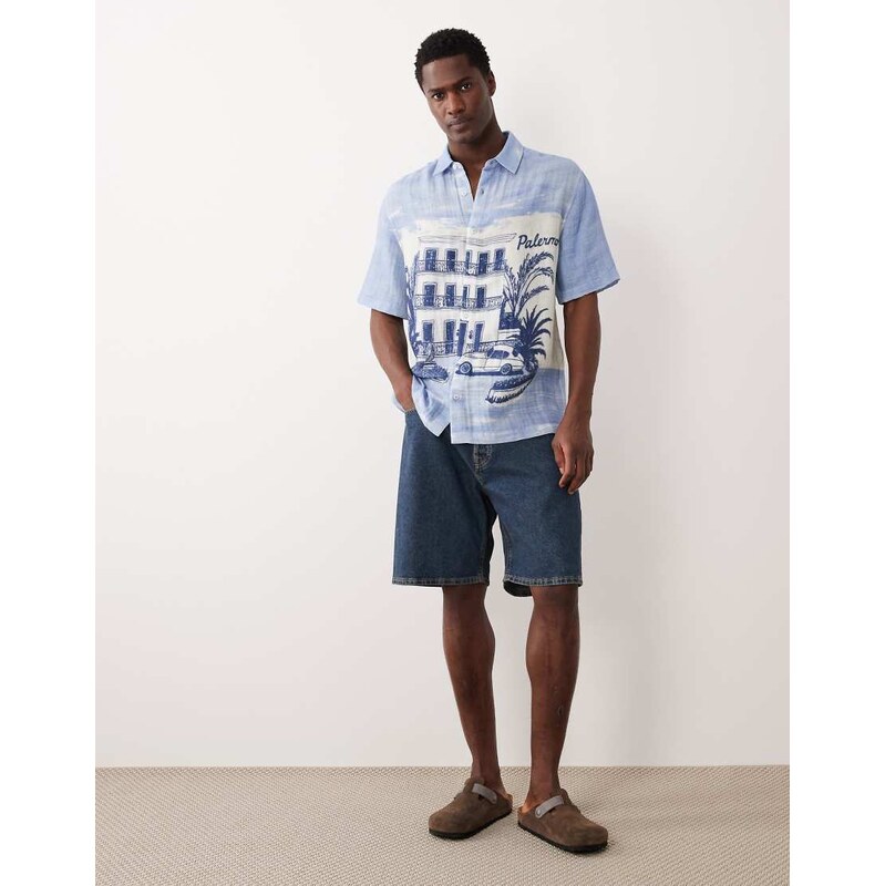 ASOS DESIGN relaxed shirt with beach print in blue
