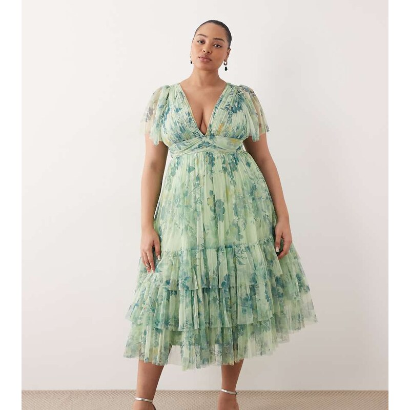 Lace & Beads Plus Madison tulle flutter sleeve plunge neck midi dress 115521147