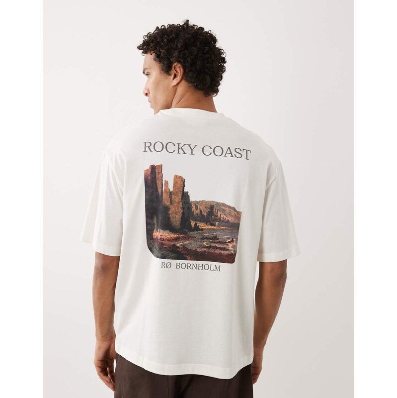 Selected oversized t-shirt with coast graphic in cream-White