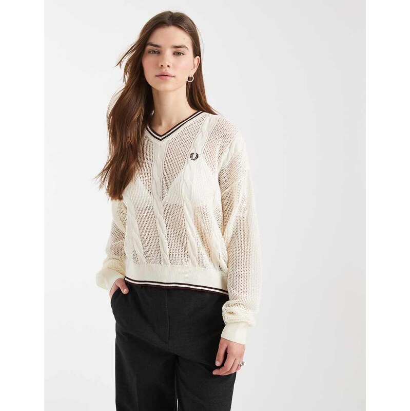 Fred Perry mesh cable knit logo jumper in ecru-Neutral 114082533
