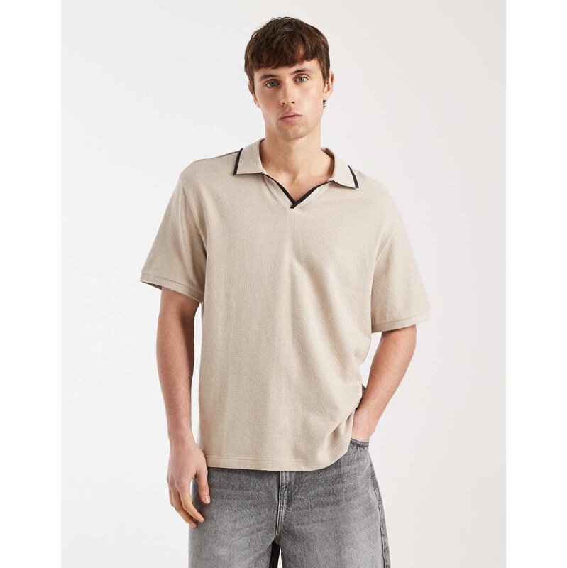 Redefined Rebel Camden boxy oversized fit polo shirt in beige
