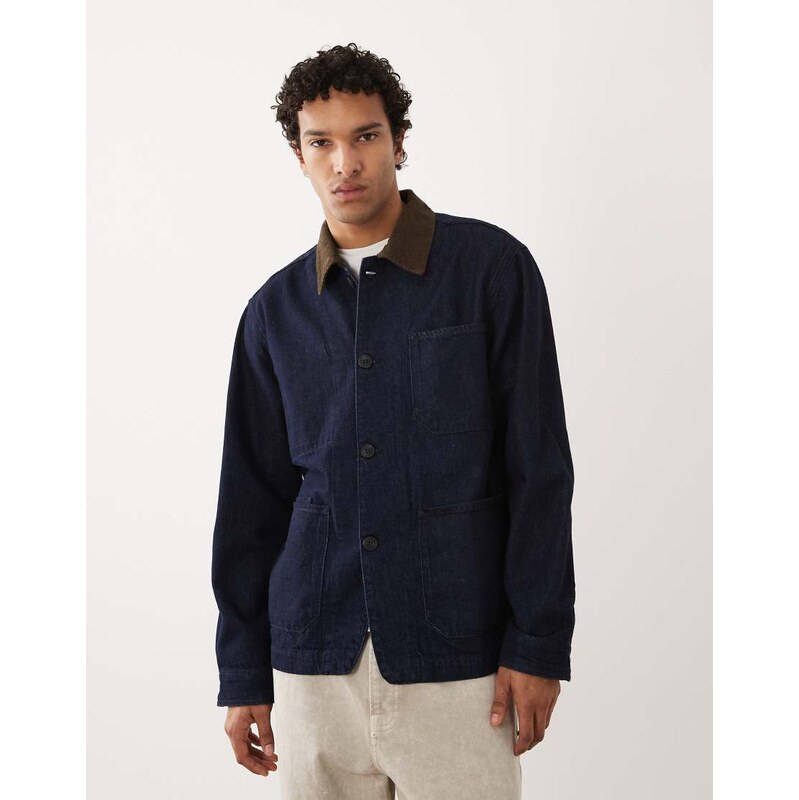 Selected contrast collar denim jacket in raw rinse-Blue