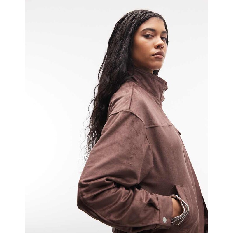 Liquor N Poker boxy faux suede funnel neck jacket in chocolate