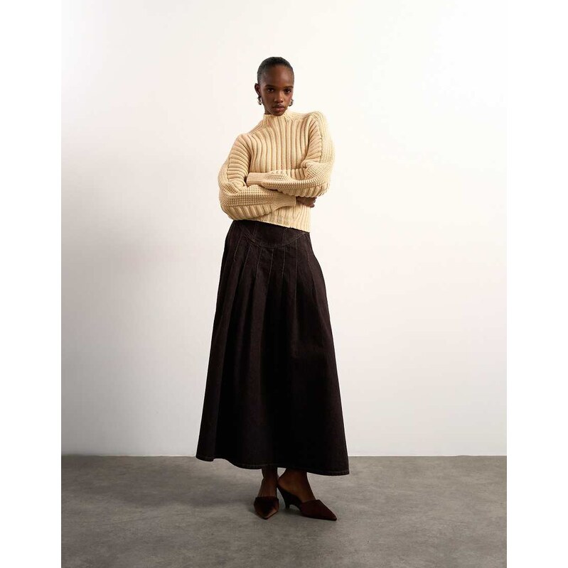 Tolu Coker x Topshop denim maxi pleated skirt circular design in brown 114082584