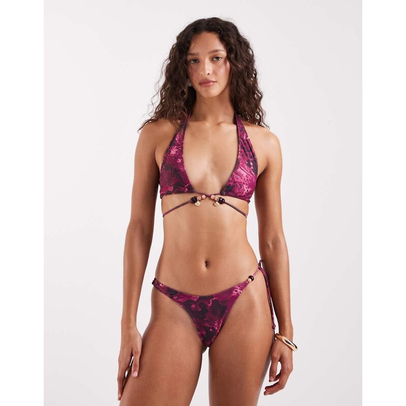 Motel co-ord Pirama hibiscus paisly bikini top in dark pink 114082594