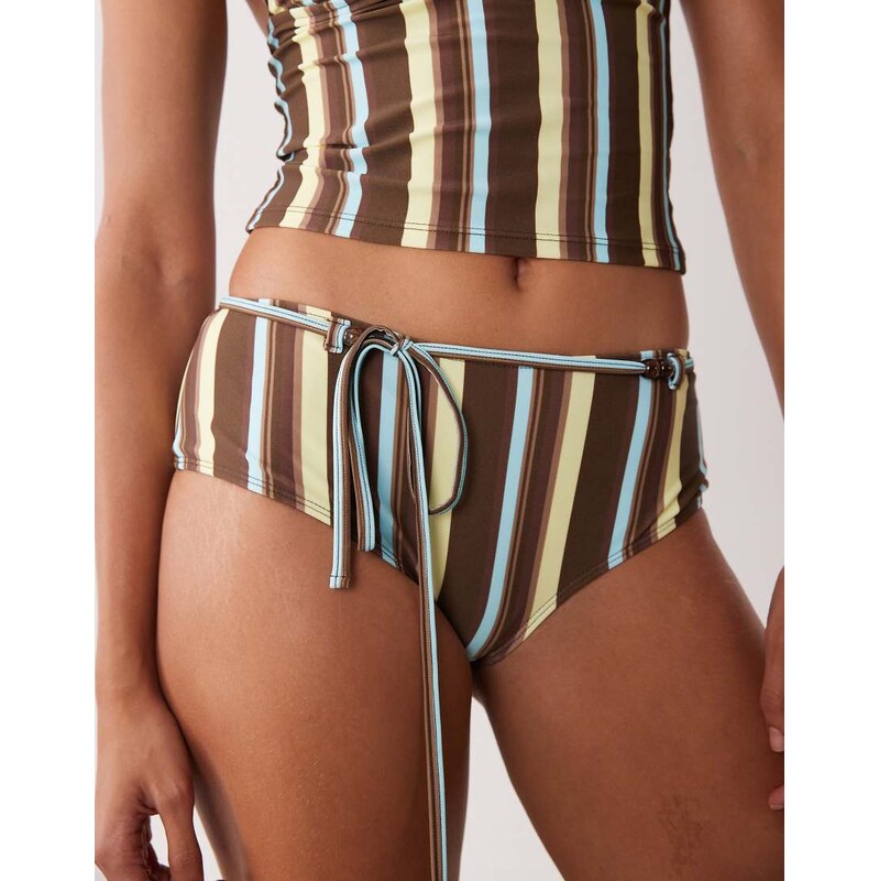 Motel Avi tie waist striped bikini shorts in brown blue 114082596
