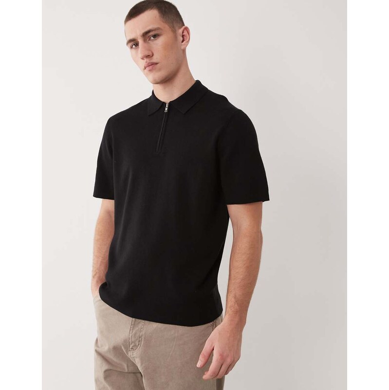 ASOS DESIGN Essential knitted cotton blend zip polo in black