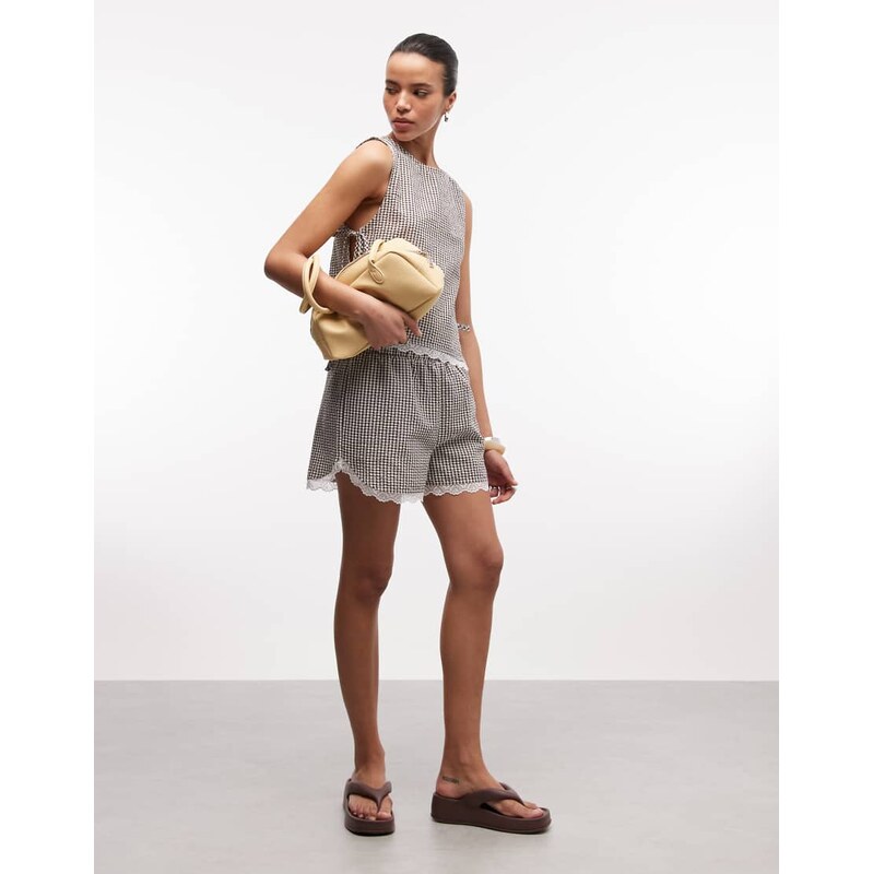 Noisy May seersucker short co-ord with lace trim in chocolate gingham 114082624