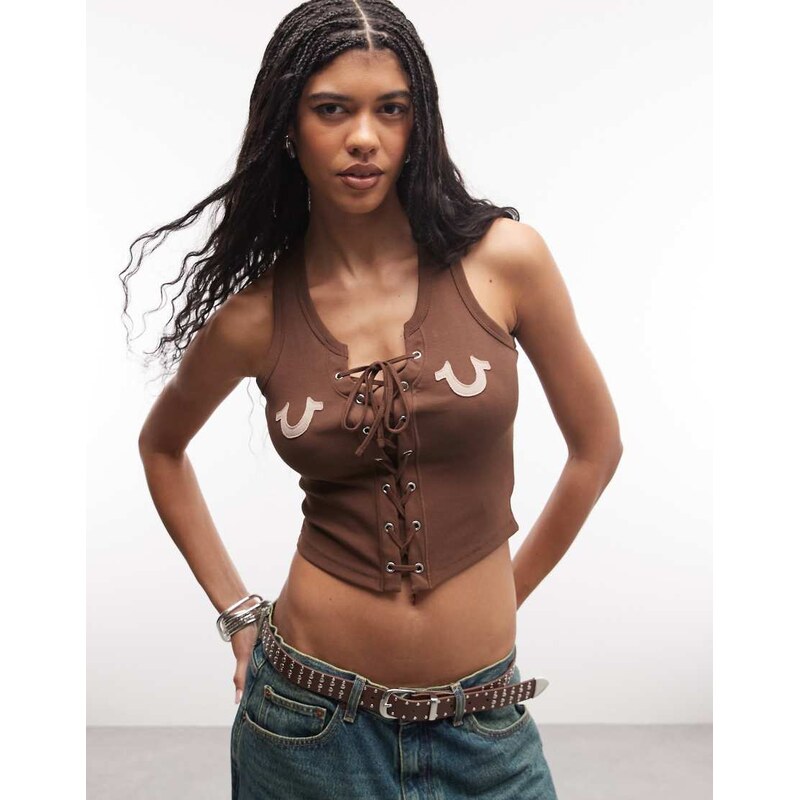 True Religion applique ribbed lace up tank top in fondue fudge-Brown 114089144